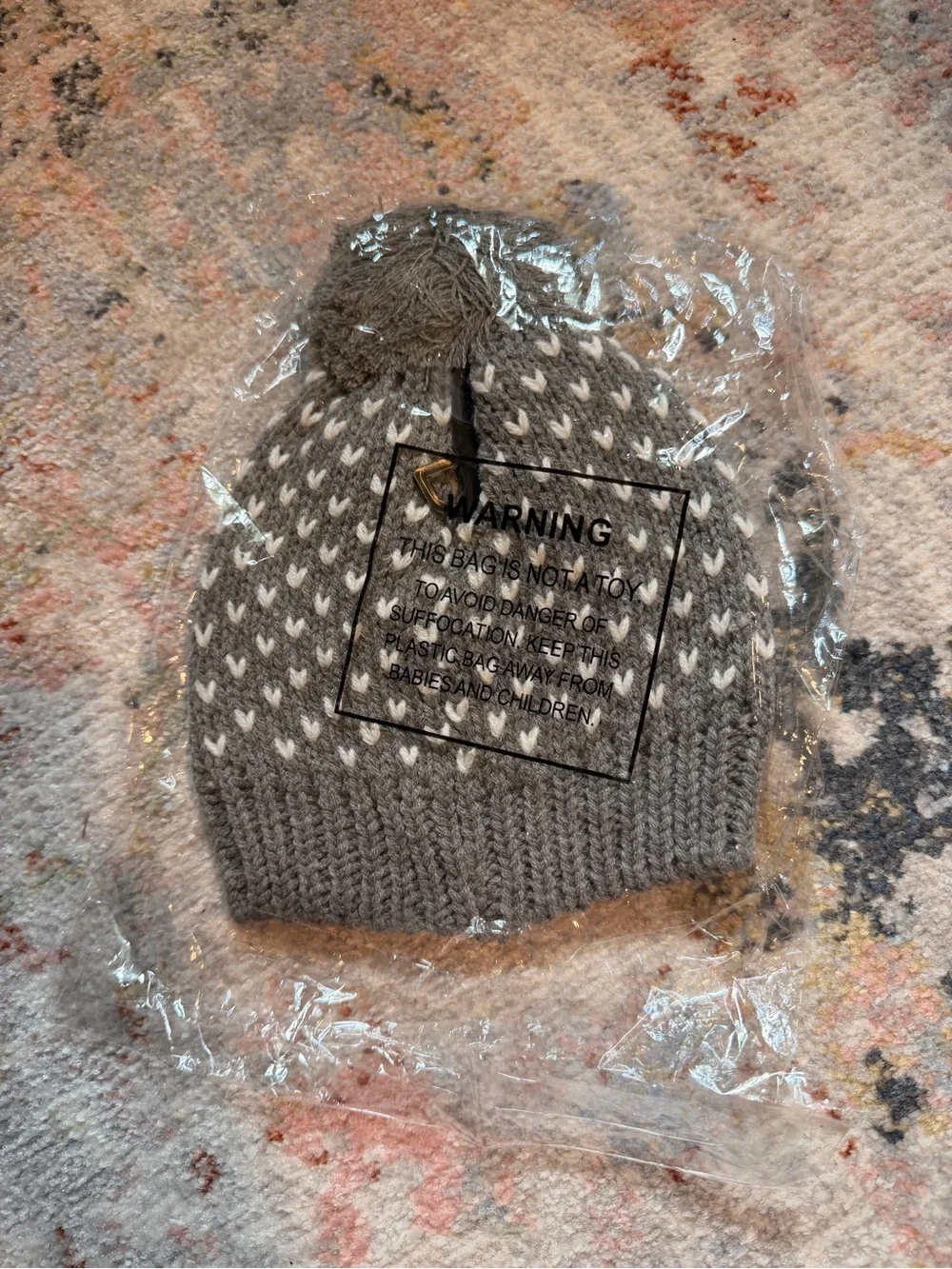 C.C Kids Gray Knit Pom Beanie with White Heart Accents
